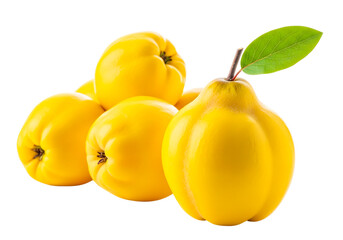 Pile of ripe yellow quinces isolated on transparent background with a green leaf