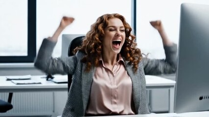 A businesswoman is shocked by good news on her computer, then celebrates with a victorious 'yes!'. This footage is perfect for success concepts
