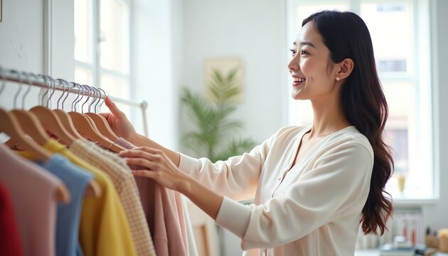 Young asian woman fashion designer smiles while arranging clothes rack in studio store. Small business owner checks inventory for online sales, preparing new collection for display.