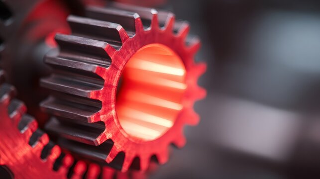 Close up of metal gear with red glowing centerpiece. Mechanism part for machinery or industrial concept. Engineering and technology detail.