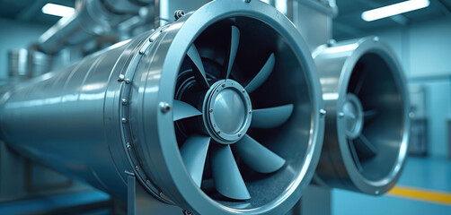 Industrial ventilation system with powerful metal fans inside modern factory. Steel turbine blades for cooling, air circulation. Closeup of HVAC exhaust equipment for climate control. Powerful