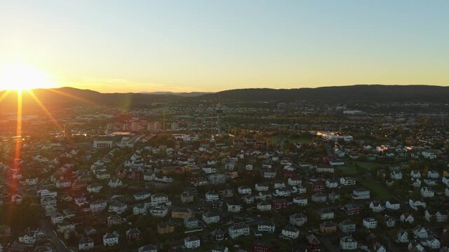 Sunrise view over Trondheim with wide cityscape from above