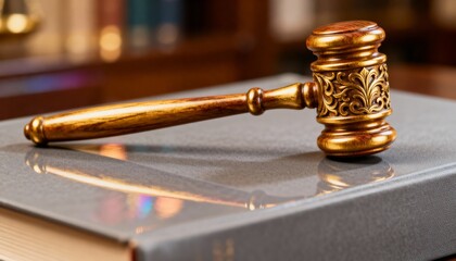Ornate wooden judge's gavel on a law book. Symbol of justice and authority. Legal system and judgment concept