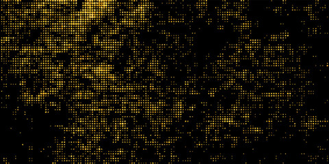 Vector halftone gold dots gradient diagonal tilt on black. Abstract dotted pattern with tonal gradation.