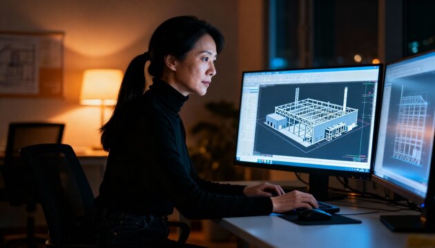 Focused Asian female architect working late at night on a computer. Professional engineer designing a 3D industrial building model with CAD software in a dark office