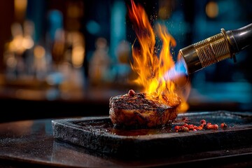 A chef is using a flame torch to sear a steak on a hot stone surface in an elegant restaurant during the evening. The intense flames create a dramatic effect