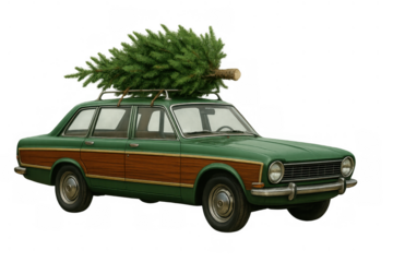Vintage station wagon carrying a christmas tree on its roof rack, preparing for winter holiday celebrations