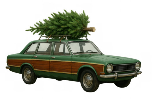 Vintage station wagon carrying a christmas tree on its roof rack, preparing for winter holiday celebrations