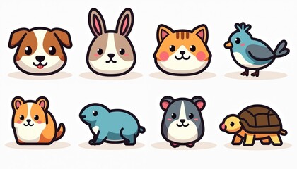 Obraz premium Illustration features set of adorable cartoon pet animals. Depicted dog rabbit cat bird hamster turtle, cute animals. Colorful simplified designs great for kids pet-related projects.