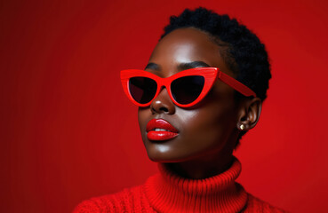 Young african american woman wears red sunglasses, makeup. Short hair, red lipstick. Portrait of black female model in studio with red background. Woman poses with confident look. Wears red