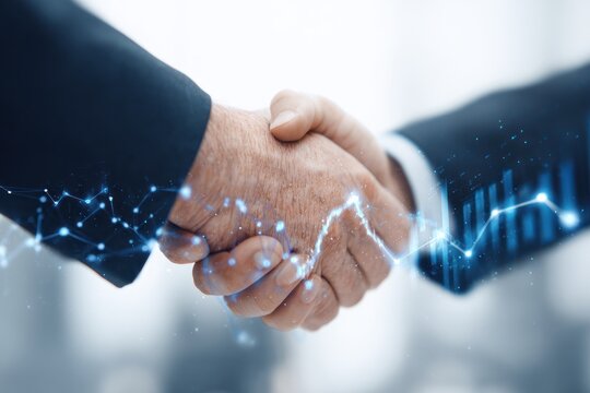 Business handshake overlaid with glowing digital data network and charts.