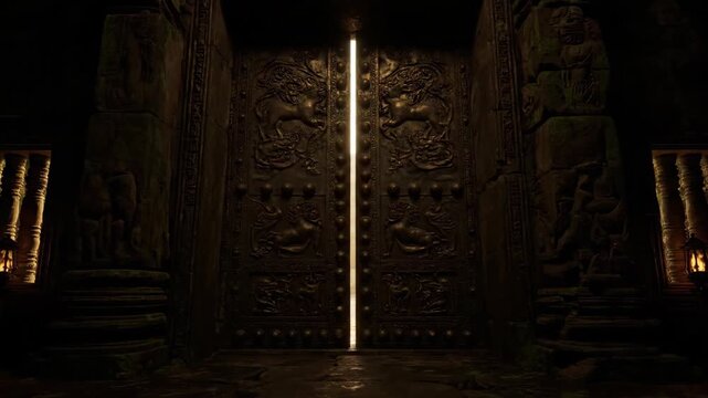 Ancient temple gate opening revealing lush jungle, old secret entrance, and bright light, historical fantasy footage.