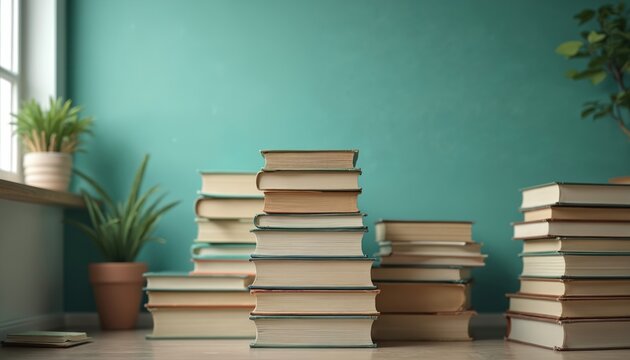 Stacks of books sit near potted plants. Volumes are stacked on surface against teal wall. Home library and reading concept. Plants decorate room. Education themed visuals for back to school campaigns.