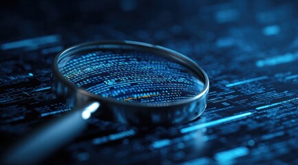 Magnifying glass over glowing blue digital code background