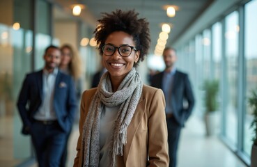 African businesswoman with short hair, glasses smiles in modern office lobby. Colleagues interact behind. Corporate environment with glass walls, lights. Teamwork, collaboration in pro workspace.