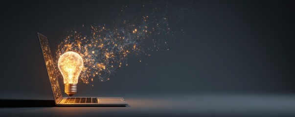 Glowing light bulb emerges from laptop emitting sparks and smoke.