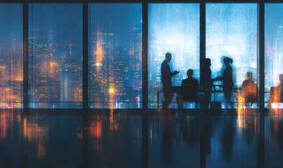 Silhouettes of business people meeting against a glowing city night view.