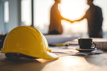 Yellow hard hat on desk with silhouetted handshake in background.