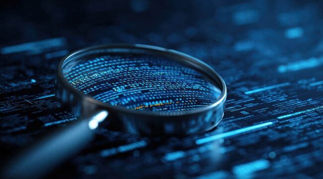 Magnifying glass over glowing blue digital code background - Powered by Adobe