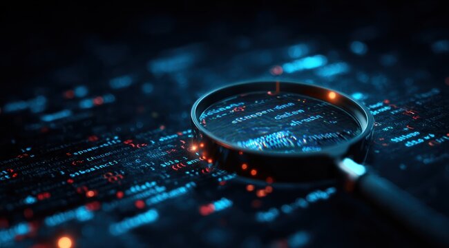 Magnifying glass over glowing digital code on dark surface.