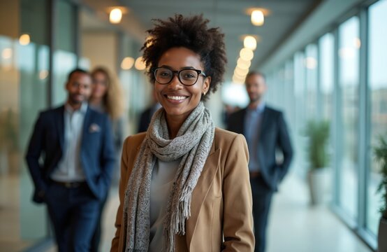 African businesswoman with short hair, glasses smiles in modern office lobby. Colleagues interact behind. Corporate environment with glass walls, lights. Teamwork, collaboration in pro workspace.