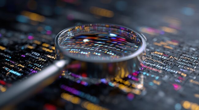 Magnifying glass over glowing digital code with bokeh background. - Powered by Adobe
