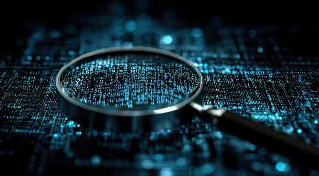 Magnifying glass over glowing blue digital code on dark background.