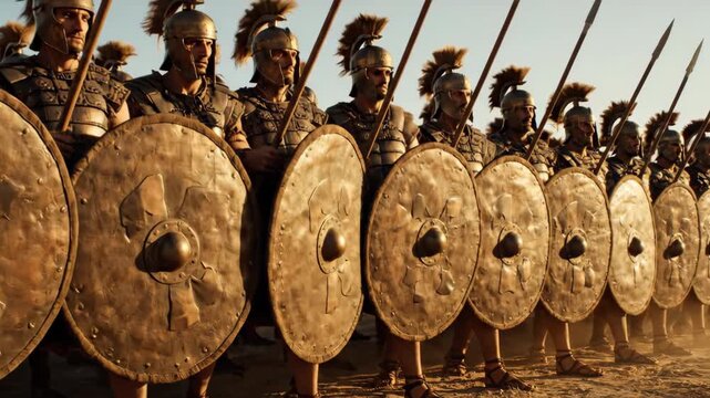 Roman or Greek soldiers marching in formation on dusty ground at high noon, historical reenactment for film footage.