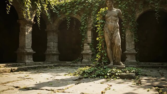 Ancient roman statue bust and full body sculptures in an overgrown stone courtyard, pseudoscientific footage.