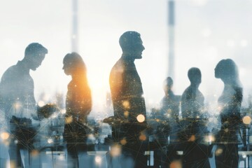 Silhouettes of business people overlaid with digital network graphics