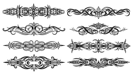 Collection of eight ornate black and white decorative flourishes and dividers with intricate scrollwork and floral elements