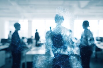 Silhouettes of business people overlaid with digital network graphic
