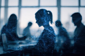 Silhouettes of people in a meeting overlaid with digital network graphics