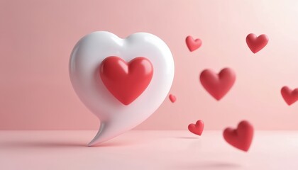 3D render illustration depicts a white speech bubble with red heart inside. Red hearts float around against pastel pink backdrop. Concept for love message Valentine day.