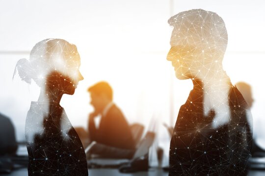 Double exposure of business profiles with network overlay in bright office