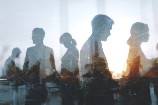 Silhouettes of business people overlaid with a digital network graphic.