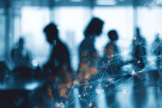 Silhouettes of people overlaid with abstract network connections and bokeh lights. - Powered by Adobe