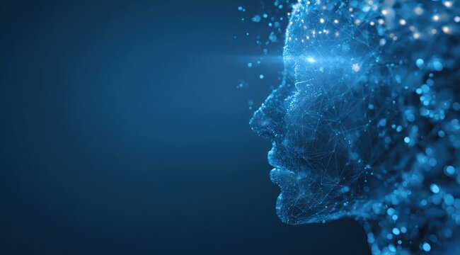 Abstract digital face profile made of glowing blue network connections - Powered by Adobe