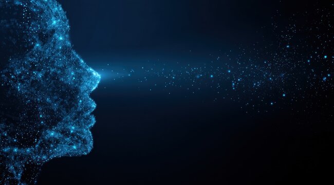 Digital human profile emitting blue light particles against dark background.
