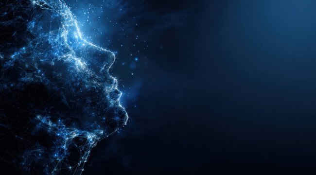 Abstract blue digital human profile against dark background