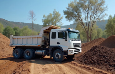 Obraz premium White dump truck near ground piles. Tipper transports materials at site. Vehicle dumps dirt on building place. Heavy machinery on earthmoving area. Lorry on soil construction works landscape under