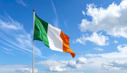The Irish flag flying on a pole against a vivid blue sky with scattered clouds