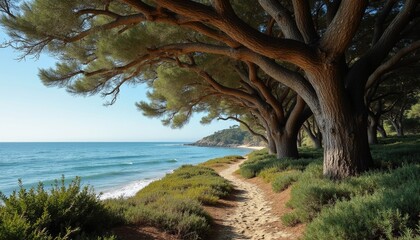 Scenic coastal pathway lined with trees and shrubs by the sea