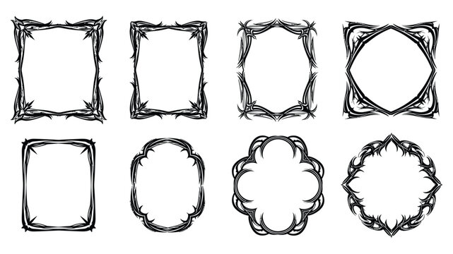 Collection of eight ornate black and white decorative frames with intricate swirling designs and varied shapes