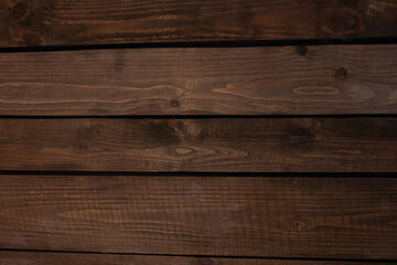 Naklejka premium Dark brown wooden plank wall background with natural wood texture and grain, perfect for rustic design, product presentation, or interior decoration concepts