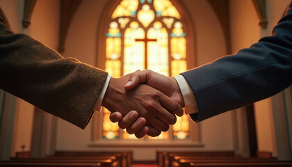 Two people of different races shake hands inside religious building. Gesture shows unity, respect, mutual understanding. Beautiful stained glass window with cross design dominates background. Action