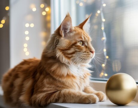 Cozy orange long-haired tabby on windowsill with gold Christmas ornament & warm fairy lights — side profile, green eyes, copy space