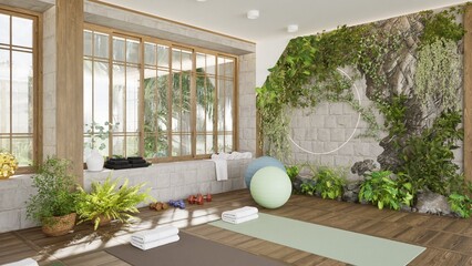 3D render of large cozy and bright yoga studio with large windows and sports equipment. Mat rack, fitness balls. Interior design, decorative plants and landscaping. Wooden floor and white brick walls
