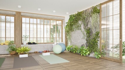 3D render of large cozy and bright yoga studio with large windows and sports equipment. Mat rack, fitness balls. Interior design, decorative plants and landscaping. Wooden floor and white brick walls