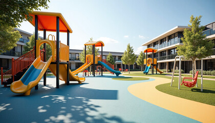 Playground equipment for kids with slides and towers stands in sunshine. Sunny playground equipment offers place to play and enjoy the fresh air on kids play area.